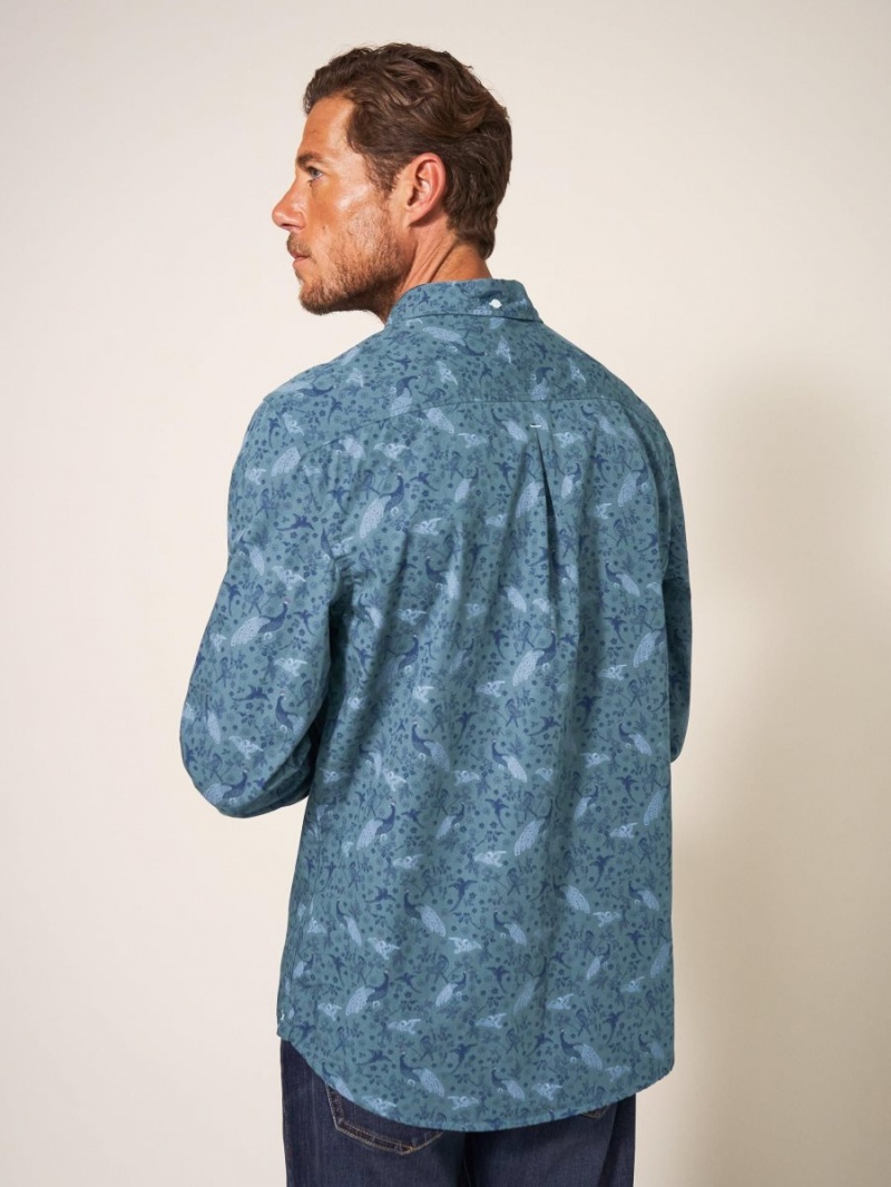 White Stuff Peacock Printed Classic Shirt Blue Print | 624035BZD