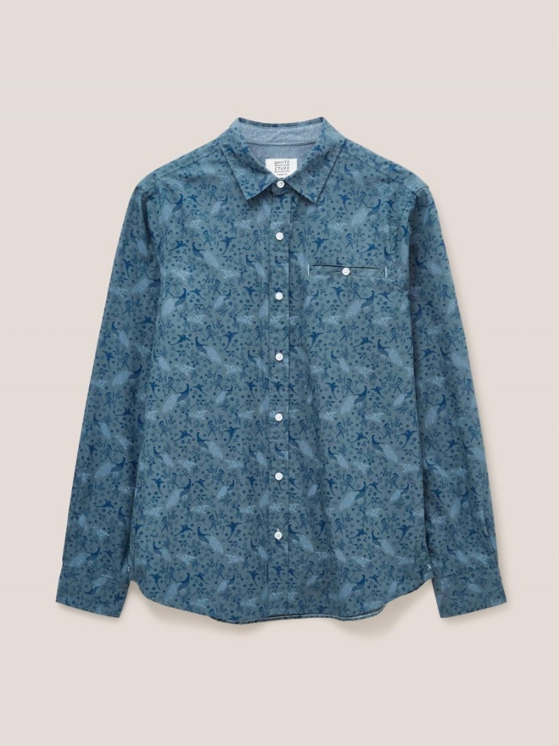 White Stuff Peacock Printed Classic Shirt Blue Print | 624035BZD