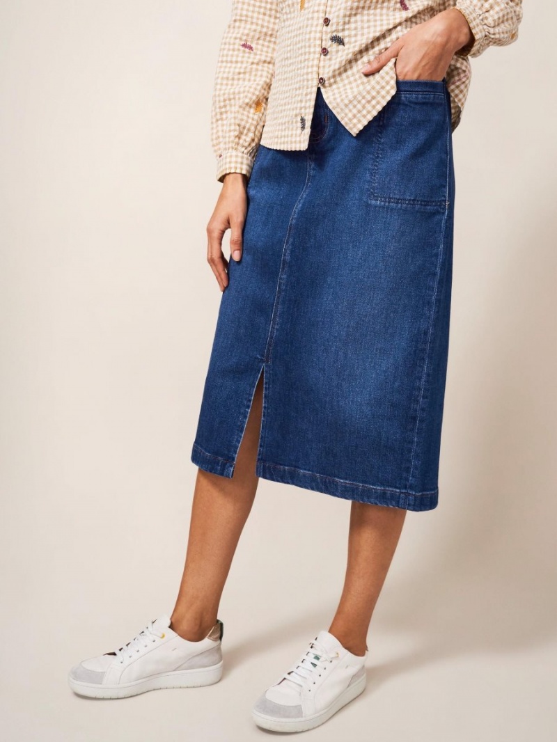 White Stuff Penny Denim Midi Skirt Mid Denim | 214906SKE