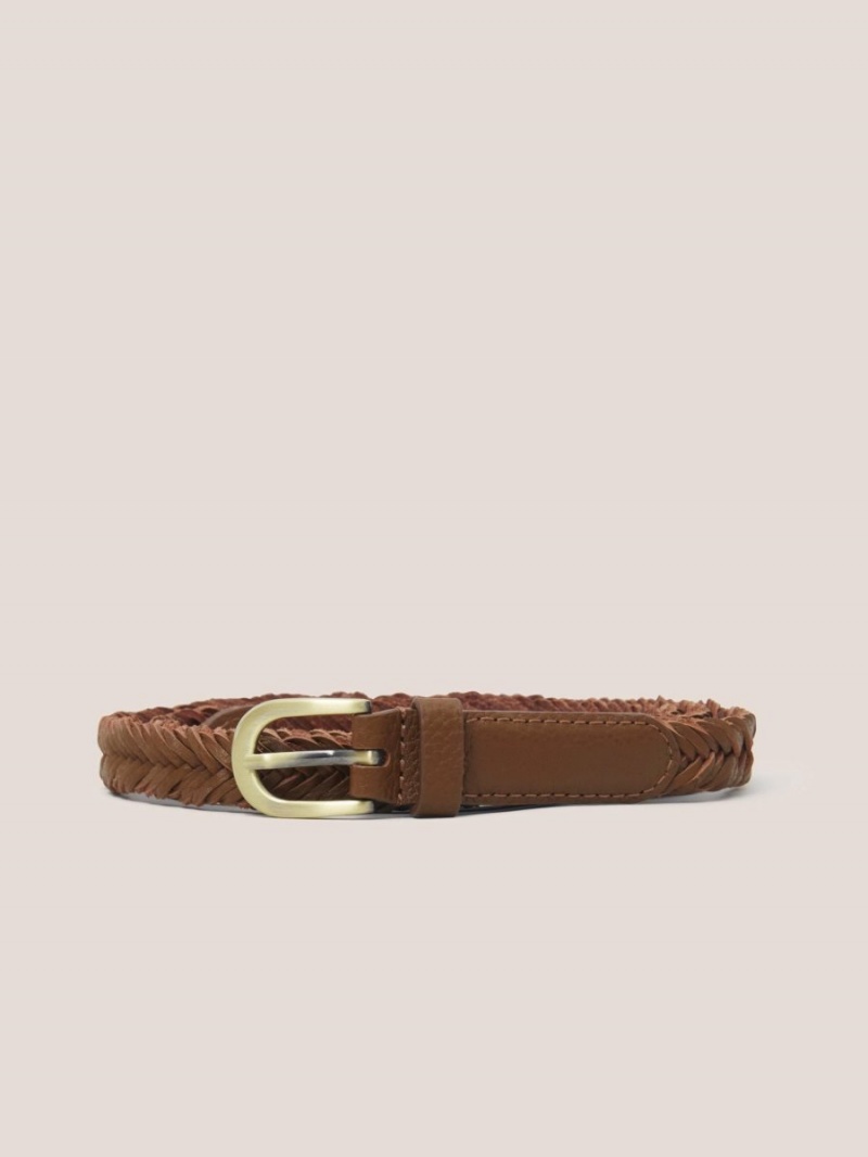 White Stuff Plaited Leather Skinny Belt Mid Tan | 024531RKN