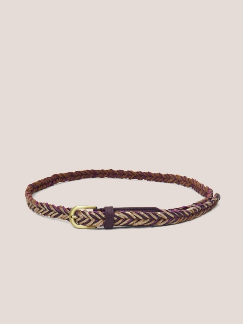 White Stuff Plaited Leather Skinny Belt Plum Multi | 098413QKV