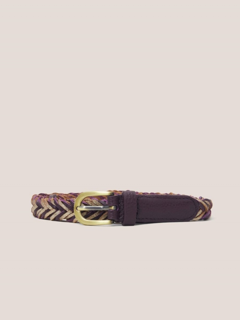 White Stuff Plaited Leather Skinny Belt Plum Multi | 098413QKV