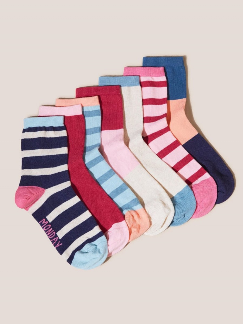 White Stuff Seven Pack Stripe Mix Socks Blue Multi | 693521RZJ