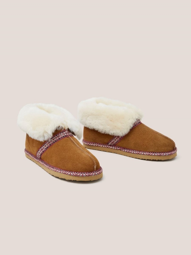 White Stuff Suede Shearling Slipper Bootie Mid Tan | 128739AMH