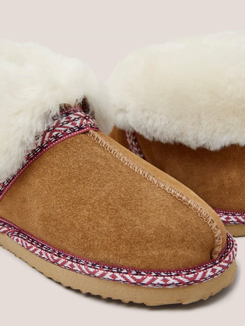 White Stuff Suede Shearling Slipper Bootie Mid Tan | 128739AMH