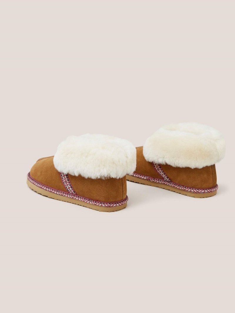 White Stuff Suede Shearling Slipper Bootie Mid Tan | 128739AMH