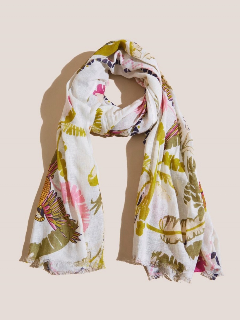 White Stuff Tropical Printed Cotton Scarf White Multi | 536107WFV