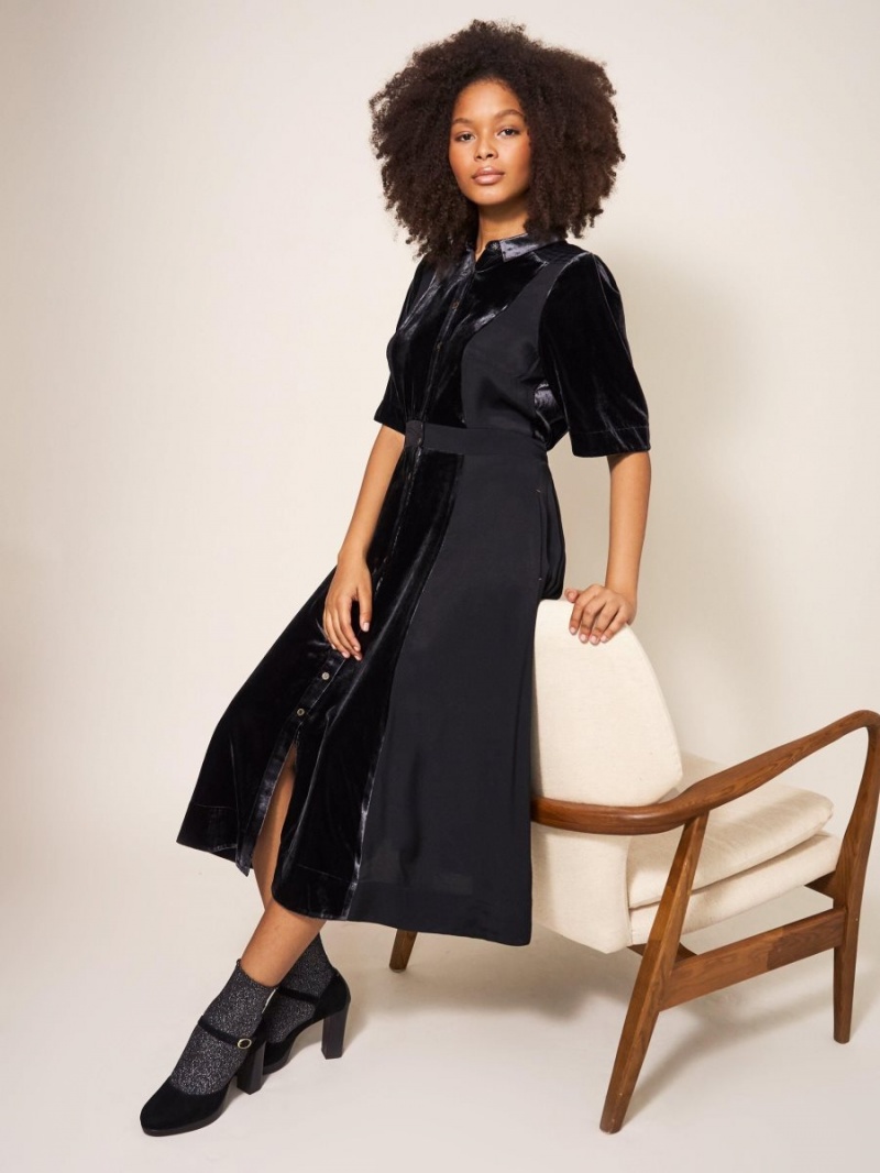 White Stuff Willow Velvet Shirt Dress Pure Black | 087135AZJ